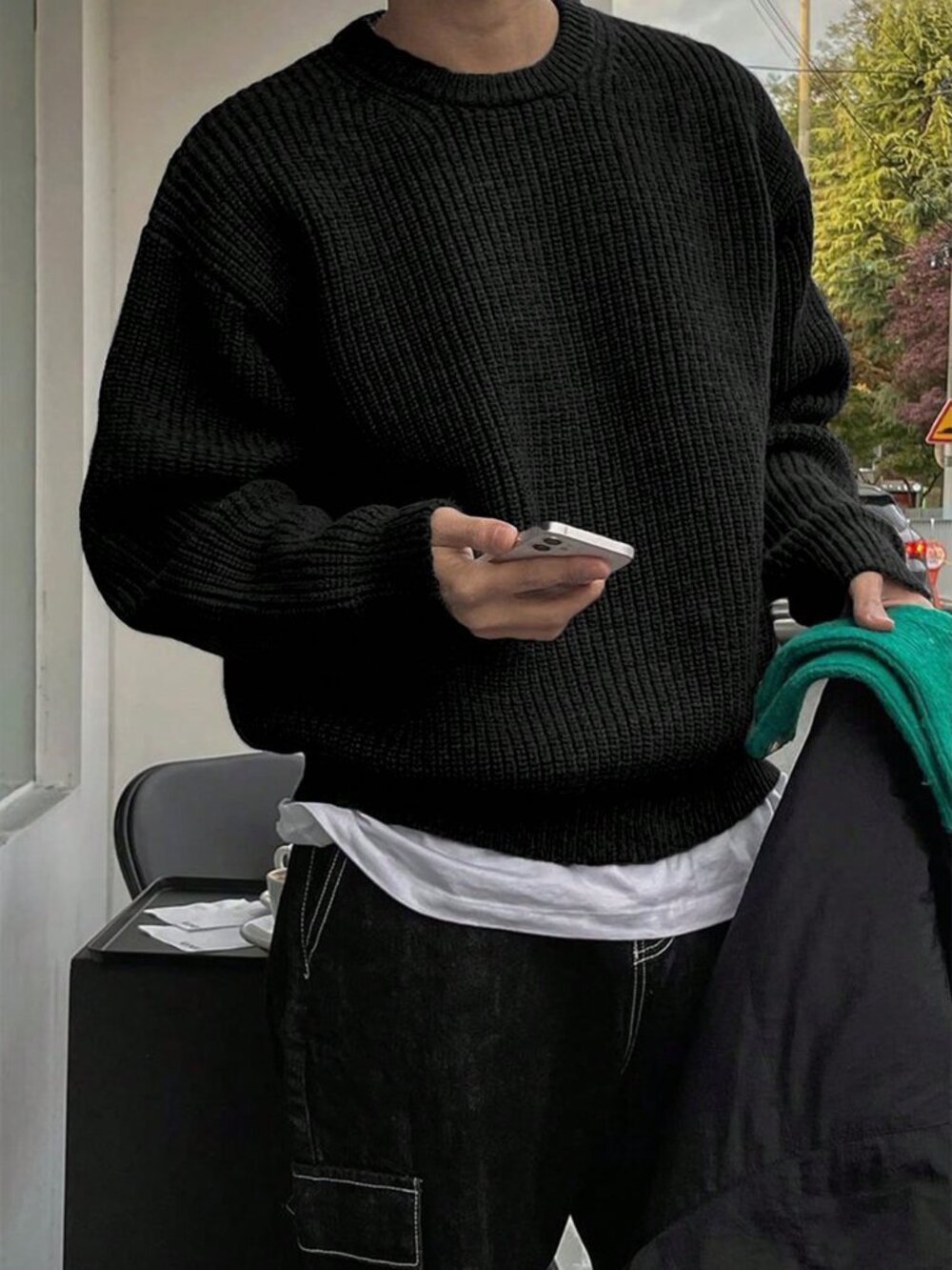 Black Casual Men's Loose Long Sleeve Round Neck Pullover Sweater